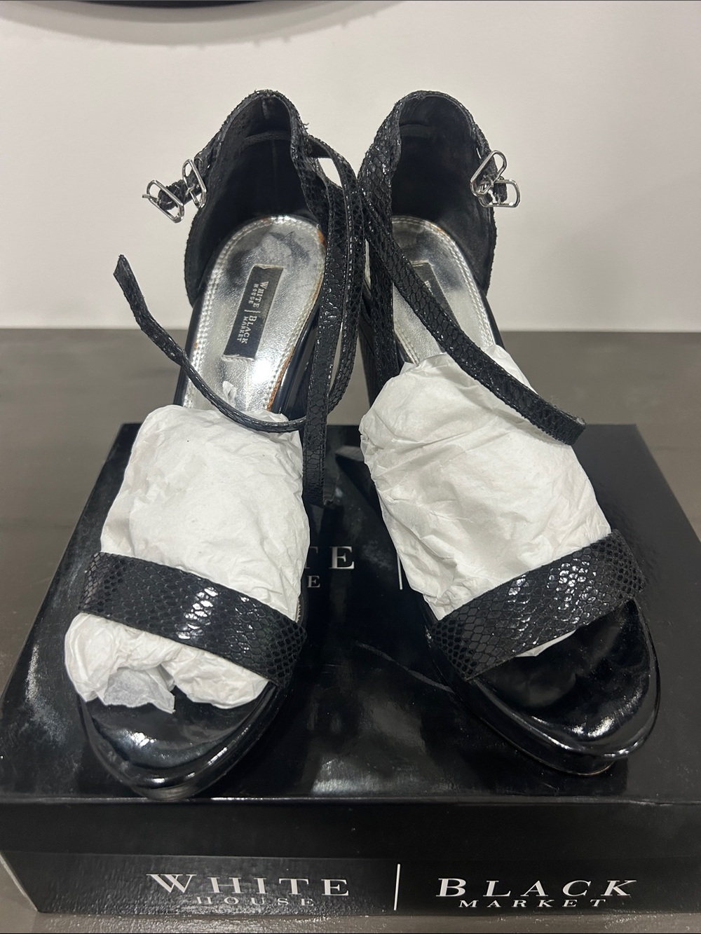 White House Black Market Black Snake-Embossed Ankle-Strap Heels
